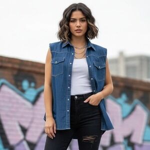 Field & Forest Denim Western Vest Blue Jean Sleeveless Raw Hem Size 2X